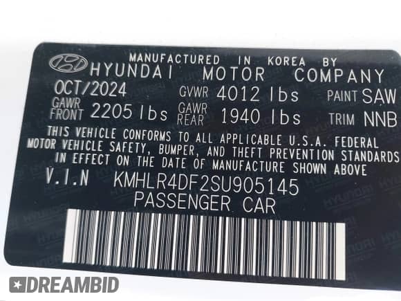 2025 Hyundai Elantra N Line with VIN KMHLR4DF2SU905145, listed as a IAAI auction lot 43276887 with 4,094 mi miles and . Bid and sale history available at DreamBid. Image 9.