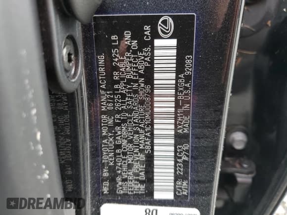 ✅ 2021 Lexus ES 300h Ultra Luxury • VIN: 58AFA1C10MU008796 • Лот: 74663074. Опубликован ранее на Copart с пробегом Не указан. Бесплатный доступ к архиву аукционных продаж из США и подробный отчёт об истории автомобиля на DreamBid. Изображение 13.