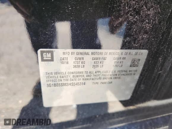 2017 Chevrolet Cruze LT с VIN 3G1BE6SM3HS545314, выставлен на аукционе Copart как лот 85127325 с пробегом 54 046 миль миль и Списание • Salvage title. История ставок и продаж доступна на DreamBid. Изображение 12.