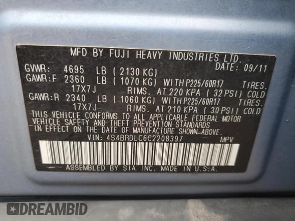 ✅ 2012 Subaru Outback Limited • VIN: 4S4BRDLC6C2208397 • Lot: 53911115. Listed on Copart with 172,667 mi. Free auction sales archive from the USA and detailed vehicle history report at DreamBid. Image 13.