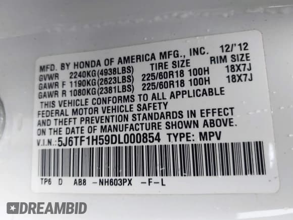 ✅ 2013 Honda Crosstour EX-L • VIN: 5J6TF1H59DL000854 • Lot: 42629296. Listed on IAAI with 159,668 mi. Free auction sales archive from the USA and detailed vehicle history report at DreamBid. Image 9.