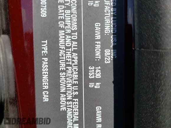 ✅ 2023 Lucid Air Pure • VIN: 50EA1PFA2PA007509 • Lot: 72772284. Wystawiony na Copart z przebiegiem 8 761 mil. Bezpłatny archiwum sprzedaży aukcyjnych z USA i szczegółowy raport historii pojazdu na DreamBid. Zdjęcie 14.