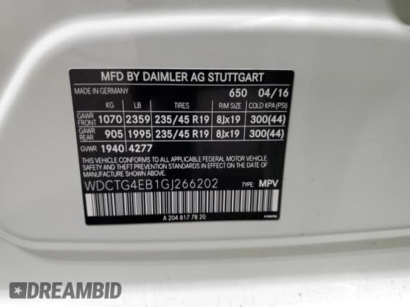 ✅ 2016 Mercedes-Benz GLA 250 • VIN: WDCTG4EB1GJ266202 • Lot: 91970215. Listed on Copart with 83,116 mi. Free auction sales archive from the USA and detailed vehicle history report at DreamBid. Image 13.