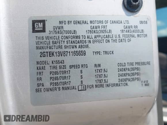 2007 GMC Sierra 1500 SL with VIN 2GTEK13V871165659, listed as a IAAI auction lot 42917749 with 250,257 mi miles and . Bid and sale history available at DreamBid. Image 9.