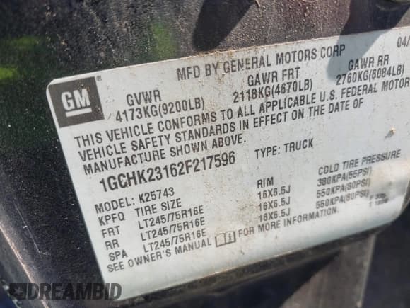 ✅ 2002 Chevrolet Silverado 2500HD LS • VIN: 1GCHK23162F217596 • Lot: 40356575. Listed on IAAI with 205,602 mi. Free auction sales archive from the USA and detailed vehicle history report at DreamBid. Image 9.