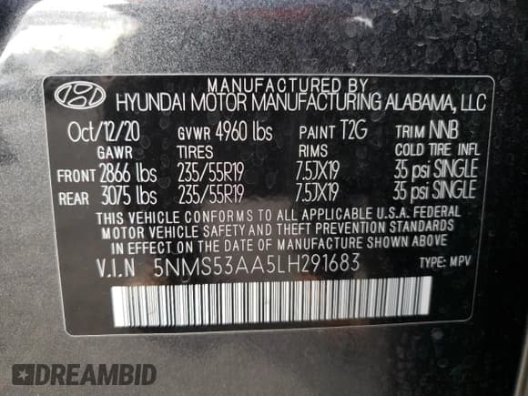 ✅ 2020 Hyundai Santa Fe Limited • VIN: 5NMS53AA5LH291683 • Lot: 76014123. Wystawiony na Copart z przebiegiem 38 298 mil. Bezpłatny archiwum sprzedaży aukcyjnych z USA i szczegółowy raport historii pojazdu na DreamBid. Zdjęcie 14.