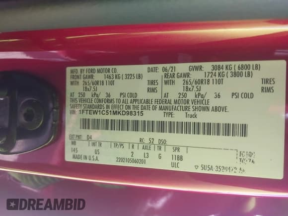 ✅ 2021 Ford F-150 XL • VIN: 1FTEW1C51MKD98315 • Lot: 43396816. Listed on IAAI with 66,557 mi. Free auction sales archive from the USA and detailed vehicle history report at DreamBid. Image 9.