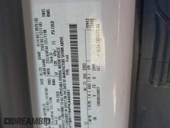 ✅ 2023 Ford Transit Cargo • VIN: 1FTBR1Y84PKA66581 • Lot: 62182335. Listed on Copart with 19,897 mi. Free auction sales archive from the USA and detailed vehicle history report at DreamBid. Image 13.