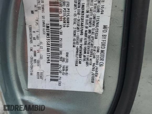 ✅ 2005 Mercury Sable LS • VIN: 1MEFM55S85A617698 • Lot: 84467445. Listed on Copart with Not provided. Free auction sales archive from the USA and detailed vehicle history report at DreamBid. Image 12.