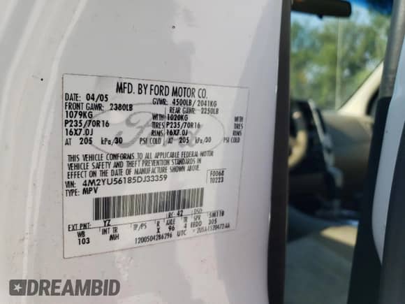 2005 Mercury Mariner Luxury с VIN 4M2YU56185DJ33359, выставлен на аукционе Copart как лот 68763085 с пробегом 188 871 миль миль и Списание • Salvage title. История ставок и продаж доступна на DreamBid. Изображение 12.