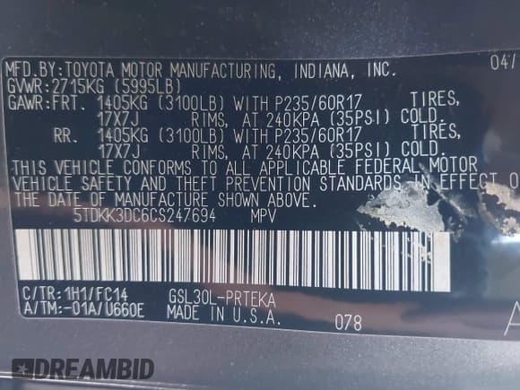 ✅ 2012 Toyota Sienna LE • VIN: 5TDKK3DC6CS247694 • Lot: 43395189. Listed on IAAI with 133,968 mi. Free auction sales archive from the USA and detailed vehicle history report at DreamBid. Image 9.