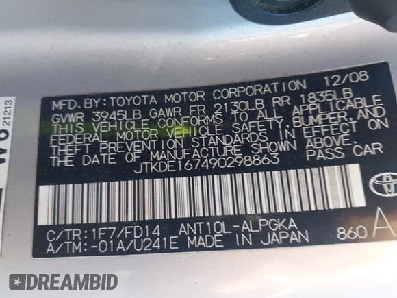 ✅ 2009 Scion tC • VIN: JTKDE167490298863 • Lot: 43526417. Listed on IAAI with 187,773 mi. Free auction sales archive from the USA and detailed vehicle history report at DreamBid. Image 9.
