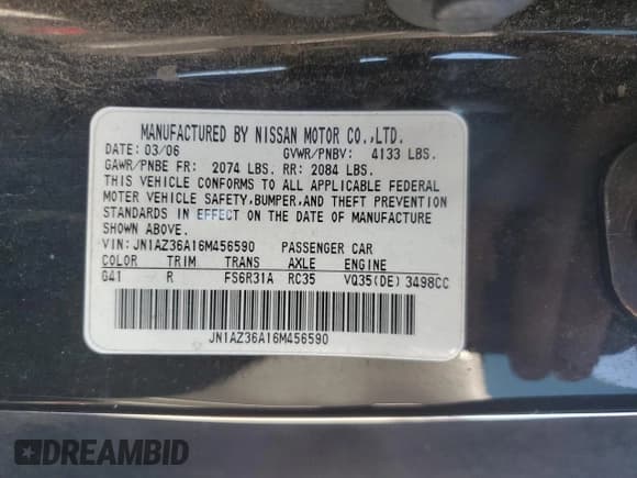 ✅ 2006 Nissan 350Z Grand Touring • VIN: JN1AZ36A16M456590 • Лот: 70230235. Опубликован ранее на Copart с пробегом 103 127 миль. Бесплатный доступ к архиву аукционных продаж из США и подробный отчёт об истории автомобиля на DreamBid. Изображение 12.