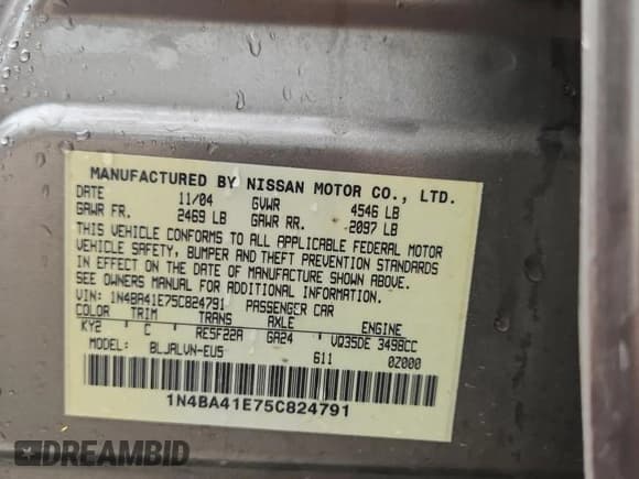 ✅ 2005 Nissan Maxima SL • VIN: 1N4BA41E75C824791 • Lot: 80526575. Listed on Copart with 155,331 mi. Free auction sales archive from the USA and detailed vehicle history report at DreamBid. Image 12.