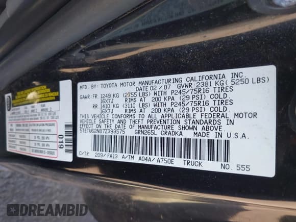 ✅ 2007 Toyota Tacoma PreRunner • VIN: 5TETU62N87Z393575 • Лот: 42789152. Опубликован ранее на IAAI с пробегом Не указан. Бесплатный доступ к архиву аукционных продаж из США и подробный отчёт об истории автомобиля на DreamBid. Изображение 9.