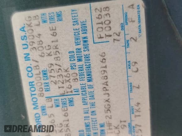 ✅ 1988 Ford F-250 • VIN: 1FTHF25GXJPA89166 • Lot: 73861314. Listed on Copart with 49,090 mi. Free auction sales archive from the USA and detailed vehicle history report at DreamBid. Image 12.