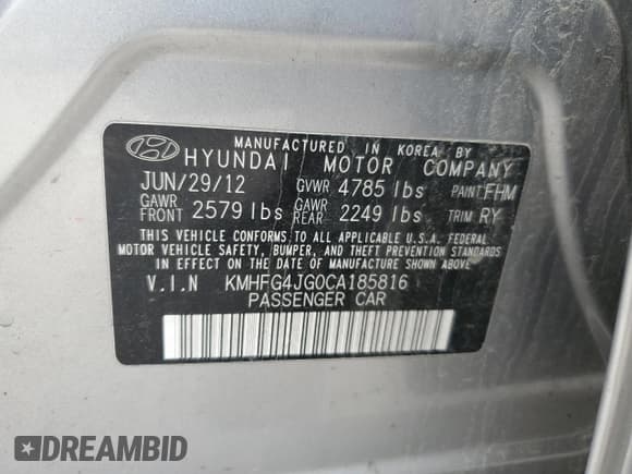 ✅ 2012 Hyundai Azera • VIN: KMHFG4JG0CA185816 • Лот: 53470495. Опубликован ранее на Copart с пробегом 70 940 миль. Бесплатный доступ к архиву аукционных продаж из США и подробный отчёт об истории автомобиля на DreamBid. Изображение 12.