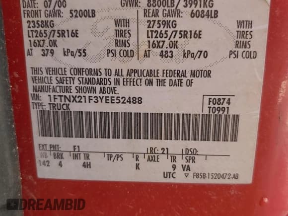 ✅ 2000 Ford F-250 XL • VIN: 1FTNX21F3YEE52488 • Лот: 82152775. Опубликован ранее на Copart с пробегом 294 184 миль. Бесплатный доступ к архиву аукционных продаж из США и подробный отчёт об истории автомобиля на DreamBid. Изображение 12.