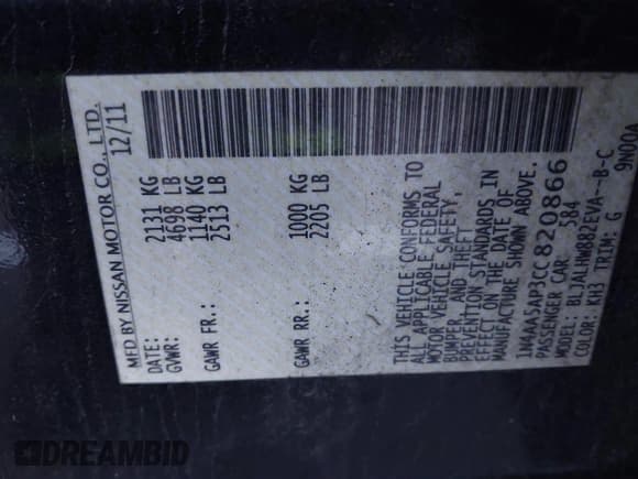 ✅ 2012 Nissan Maxima S • VIN: 1N4AA5AP3CC820866 • Lot: 43810047. Listed on IAAI with 210,821 mi. Free auction sales archive from the USA and detailed vehicle history report at DreamBid. Image 9.