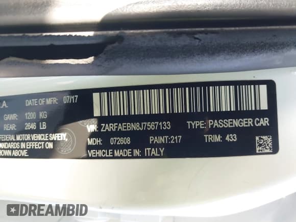 ✅ 2018 Alfa Romeo Giulia • VIN: ZARFAEBN8J7567133 • Lot: 43623720. Listed on IAAI with 70,448 mi. Free auction sales archive from the USA and detailed vehicle history report at DreamBid. Image 9.