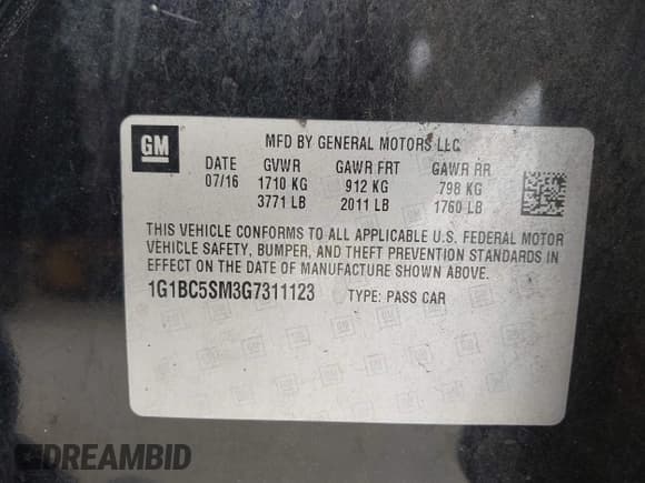 ✅ 2016 Chevrolet Cruze LS • VIN: 1G1BC5SM3G7311123 • Lot: 43616029. Listed on IAAI with 251,116 mi. Free auction sales archive from the USA and detailed vehicle history report at DreamBid. Image 9.