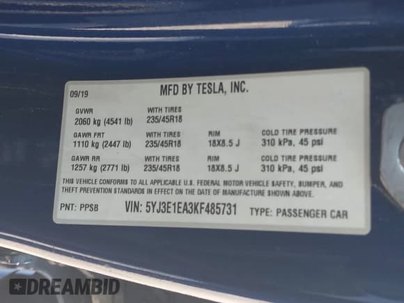 ✅ 2019 Tesla Model 3 Mid Range • VIN: 5YJ3E1EA3KF485731 • Lot: 43904380. Wystawiony na IAAI z przebiegiem 105 944 mil. Bezpłatny archiwum sprzedaży aukcyjnych z USA i szczegółowy raport historii pojazdu na DreamBid. Zdjęcie 9.