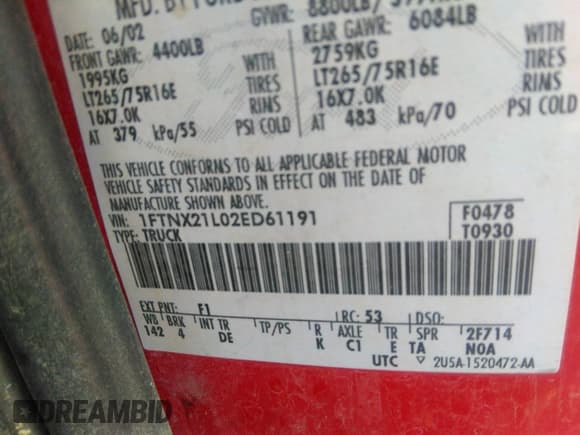 ✅ 2002 Ford F-250 XL • VIN: 1FTNX21L02ED61191 • Lot: 40279752. Wystawiony na IAAI z przebiegiem Nie podano. Bezpłatny archiwum sprzedaży aukcyjnych z USA i szczegółowy raport historii pojazdu na DreamBid. Zdjęcie 9.