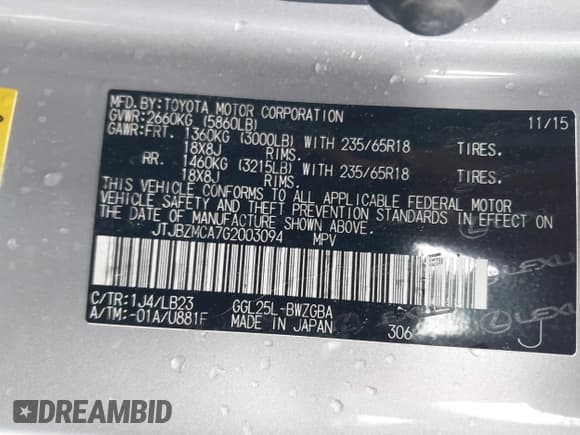 ✅ 2016 Lexus RX 350 • VIN: JTJBZMCA7G2003094 • Lot: 41854849. Listed on IAAI with 39,644 mi. Free auction sales archive from the USA and detailed vehicle history report at DreamBid. Image 9.