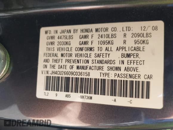 ✅ 2009 Acura TSX • VIN: JH4CU26609C036158 • Lot: 43927900. Listed on IAAI with 237,889 mi. Free auction sales archive from the USA and detailed vehicle history report at DreamBid. Image 9.
