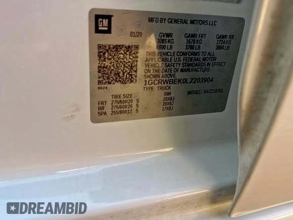 ✅ 2020 Chevrolet Silverado 1500 Custom • VIN: 1GCRWBEK0LZ203904 • Lot: 80130305. Wystawiony na Copart z przebiegiem 79 038 mil. Bezpłatny archiwum sprzedaży aukcyjnych z USA i szczegółowy raport historii pojazdu na DreamBid. Zdjęcie 10.