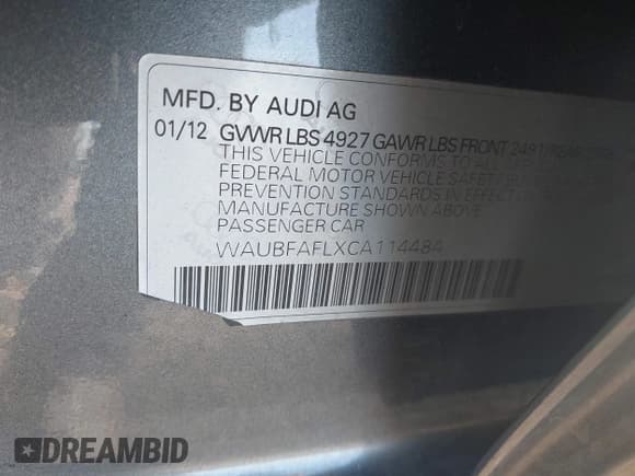 ✅ 2012 Audi A4 Premium • VIN: WAUBFAFLXCA114484 • Lot: 43858668. Listed on IAAI with 154,991 mi. Free auction sales archive from the USA and detailed vehicle history report at DreamBid. Image 9.
