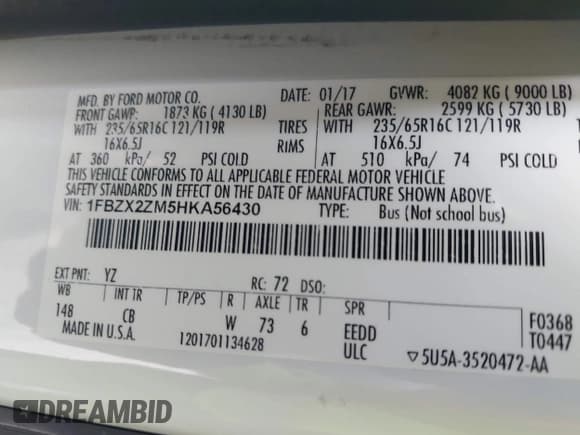 ✅ 2017 Ford Transit XL • VIN: 1FBZX2ZM5HKA56430 • Lot: 43011063. Wystawiony na IAAI z przebiegiem 146 319 mil. Bezpłatny archiwum sprzedaży aukcyjnych z USA i szczegółowy raport historii pojazdu na DreamBid. Zdjęcie 9.