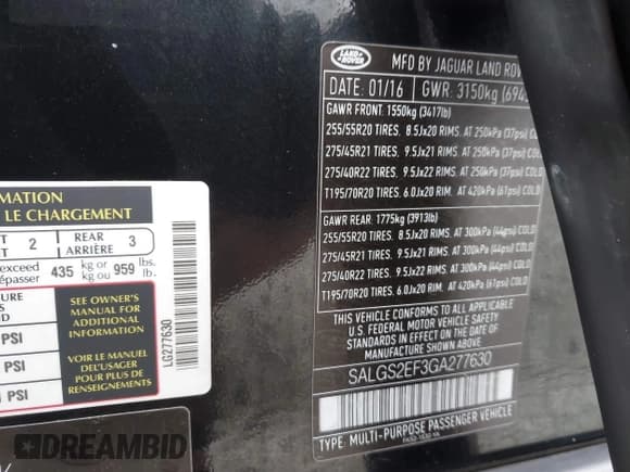 ✅ 2016 Land Rover Range Rover Supercharged • VIN: SALGS2EF3GA277630 • Lot: 42428358. Listed on IAAI with 87,981 mi. Free auction sales archive from the USA and detailed vehicle history report at DreamBid. Image 9.