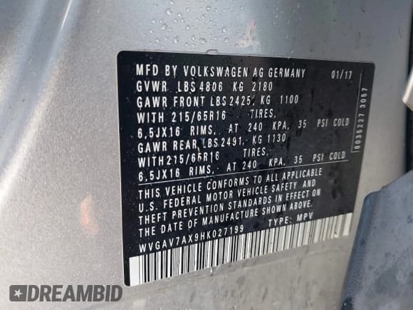 ✅ 2017 Volkswagen Tiguan S • VIN: WVGAV7AX9HK027199 • Lot: 43721533. Wystawiony na IAAI z przebiegiem 65 638 mil. Bezpłatny archiwum sprzedaży aukcyjnych z USA i szczegółowy raport historii pojazdu na DreamBid. Zdjęcie 9.