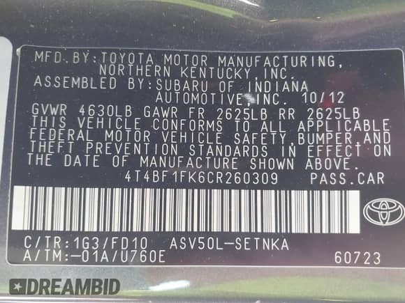 2012 Toyota Camry L с VIN 4T4BF1FK6CR260309, выставлен на аукционе IAAI как лот 43137384 с пробегом 125 393 миль миль и . История ставок и продаж доступна на DreamBid. Изображение 9.