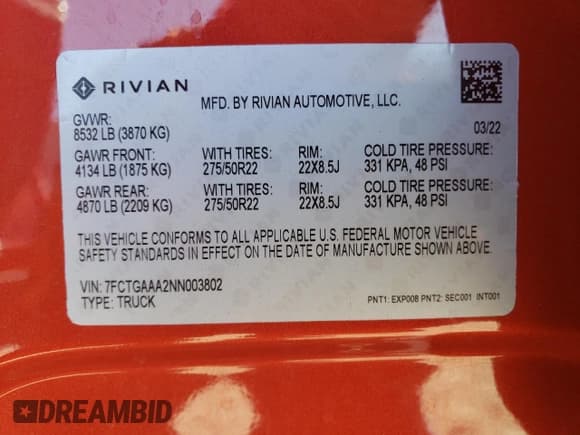 ✅ 2022 Rivian R1T Adventure • VIN: 7FCTGAAA2NN003802 • Lot: 78002664. Listed on Copart with 74 mi. Free auction sales archive from the USA and detailed vehicle history report at DreamBid. Image 13.