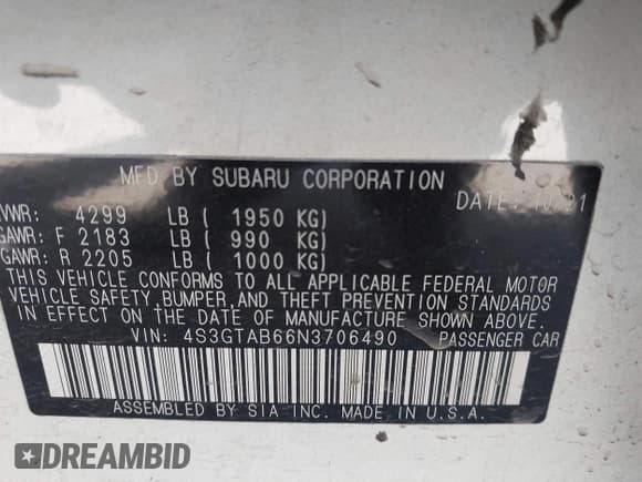 ✅ 2022 Subaru Impreza • VIN: 4S3GTAB66N3706490 • Lot: 42631097. Listed on IAAI with 67,285 mi. Free auction sales archive from the USA and detailed vehicle history report at DreamBid. Image 9.