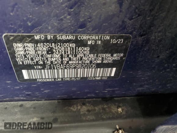 ✅ 2023 Subaru WRX Premium • VIN: JF1VBAF69P9820106 • Lot: 58818465. Wystawiony na Copart z przebiegiem 23 716 mil. Bezpłatny archiwum sprzedaży aukcyjnych z USA i szczegółowy raport historii pojazdu na DreamBid. Zdjęcie 12.