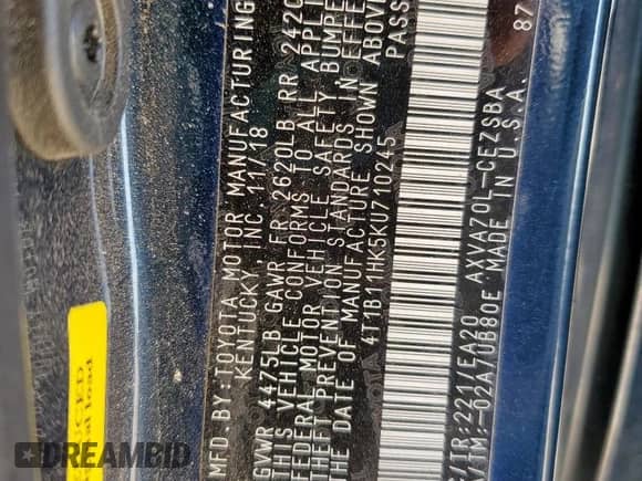 2019 Toyota Camry LE z VIN 4T1B11HK5KU710245, wystawiony jako Copart lot #80063825 z przebiegiem 166 126 mil mil oraz Szkoda całkowita • Salvage title. Historia ofert i sprzedaży dostępna na DreamBid. Obrazek 12.