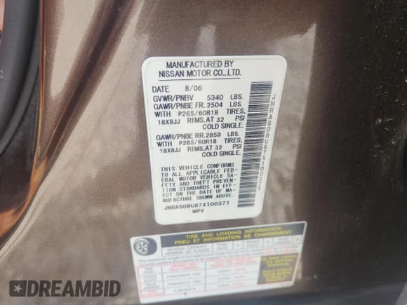 ✅ 2007 Infiniti FX • VIN: JNRAS08U87X100371 • Lot: 81220325. Listed on Copart with Not provided. Free auction sales archive from the USA and detailed vehicle history report at DreamBid. Image 12.