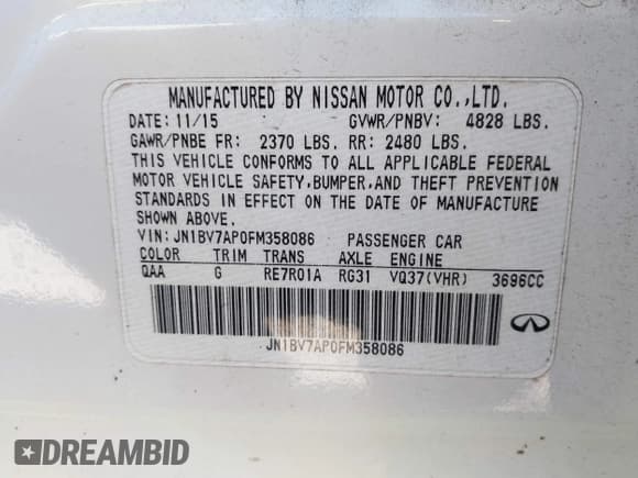 ✅ 2015 Infiniti Q50 Premium • VIN: JN1BV7AP0FM358086 • Lot: 43644990. Listed on IAAI with 149,883 mi. Free auction sales archive from the USA and detailed vehicle history report at DreamBid. Image 9.