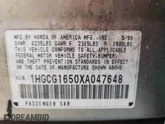 1999 Honda Accord EX with VIN 1HGCG1650XA047648, listed as a Copart auction lot 85530585 with Not provided miles and Salvage title. Bid and sale history available at DreamBid. Image 13.