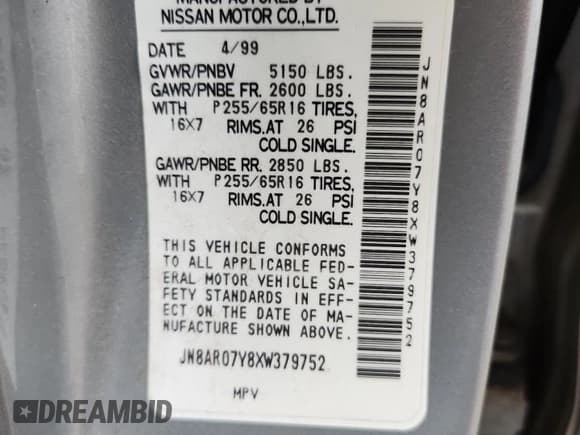 ✅ 1999 Nissan Pathfinder XE • VIN: JN8AR07Y8XW379752 • Lot: 85517595. Wystawiony na Copart z przebiegiem 56 185 mil. Bezpłatny archiwum sprzedaży aukcyjnych z USA i szczegółowy raport historii pojazdu na DreamBid. Zdjęcie 13.