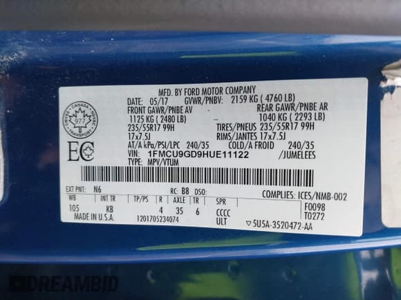 ✅ 2017 Ford Escape SE • VIN: 1FMCU9GD9HUE11122 • Лот: 39049615. Опубликован ранее на IAAI с пробегом 130 865 миль. Бесплатный доступ к архиву аукционных продаж из США и подробный отчёт об истории автомобиля на DreamBid. Изображение 9.