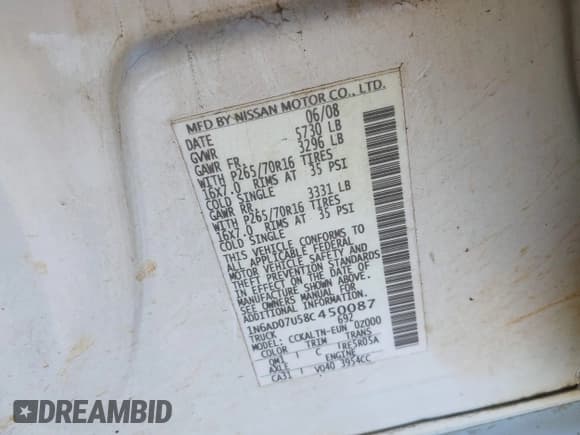 ✅ 2008 Nissan Frontier SE • VIN: 1N6AD07U58C450087 • Lot: 43608979. Listed on IAAI with 155,704 mi. Free auction sales archive from the USA and detailed vehicle history report at DreamBid. Image 9.