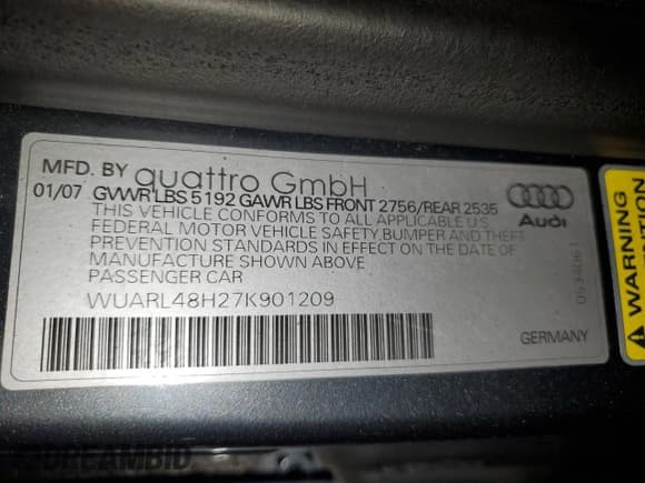 ✅ 2007 Audi S4 • VIN: WUARL48H27K901209 • Lot: 70796354. Listed on Copart with 65,403 mi. Free auction sales archive from the USA and detailed vehicle history report at DreamBid. Image 12.