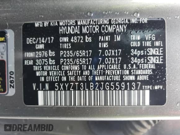 2018 Hyundai Santa Fe 2.4L with VIN 5XYZT3LB2JG559137, listed as a Copart auction lot 83994075 with 121,622 mi miles and Salvage title. Bid and sale history available at DreamBid. Image 14.