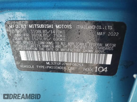 ✅ 2022 Mitsubishi Mirage ES • VIN: ML32FUFJ7NHF08253 • Lot: 41639044. Listed on IAAI with 35,870 mi. Free auction sales archive from the USA and detailed vehicle history report at DreamBid. Image 9.