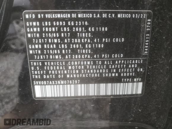 ✅ 2022 Volkswagen Tiguan S • VIN: 3VV0B7AX3NM076297 • Лот: 52021495. Опубликован ранее на Copart с пробегом 30 212 миль. Бесплатный доступ к архиву аукционных продаж из США и подробный отчёт об истории автомобиля на DreamBid. Изображение 14.
