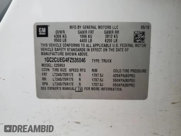 ✅ 2015 Chevrolet Silverado 2500HD Work Truck • VIN: 1GC2CUEG4FZ536046 • Lot: 43203665. Listed on Copart with 99,043 mi. Free auction sales archive from the USA and detailed vehicle history report at DreamBid. Image 12.